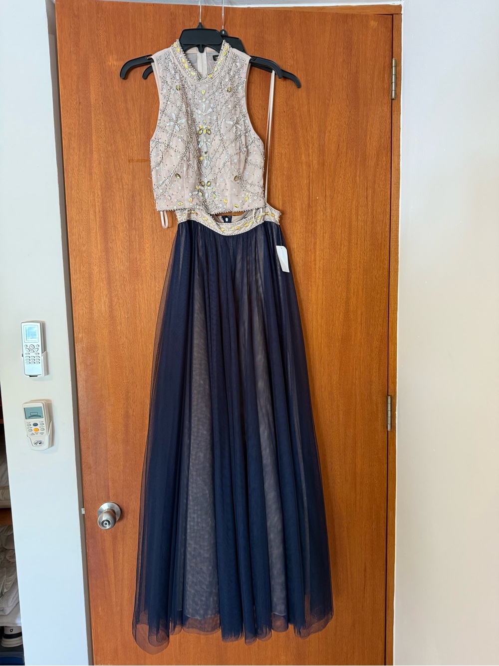 'TLC Say Yes to the Prom' Beaded Ivory Crop Top with Navy Tulle Maxi Skirt Set
